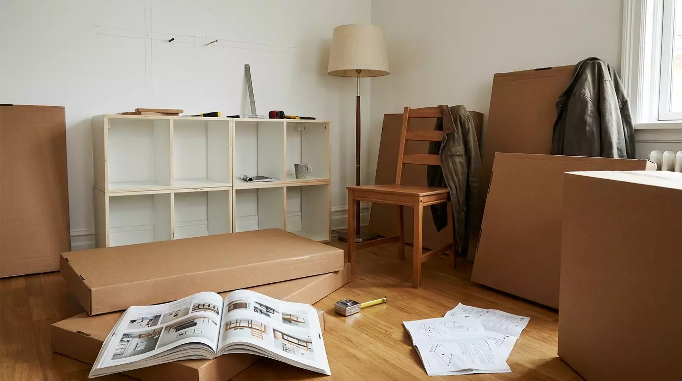 Небольшая комната в процессе обустройства с коробками flat-pack мебели, рулеткой и раскрытым каталогом