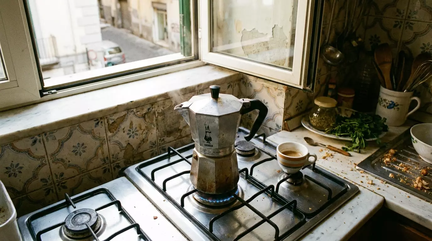 Moka Express на газовой плите в итальянской кухне утром