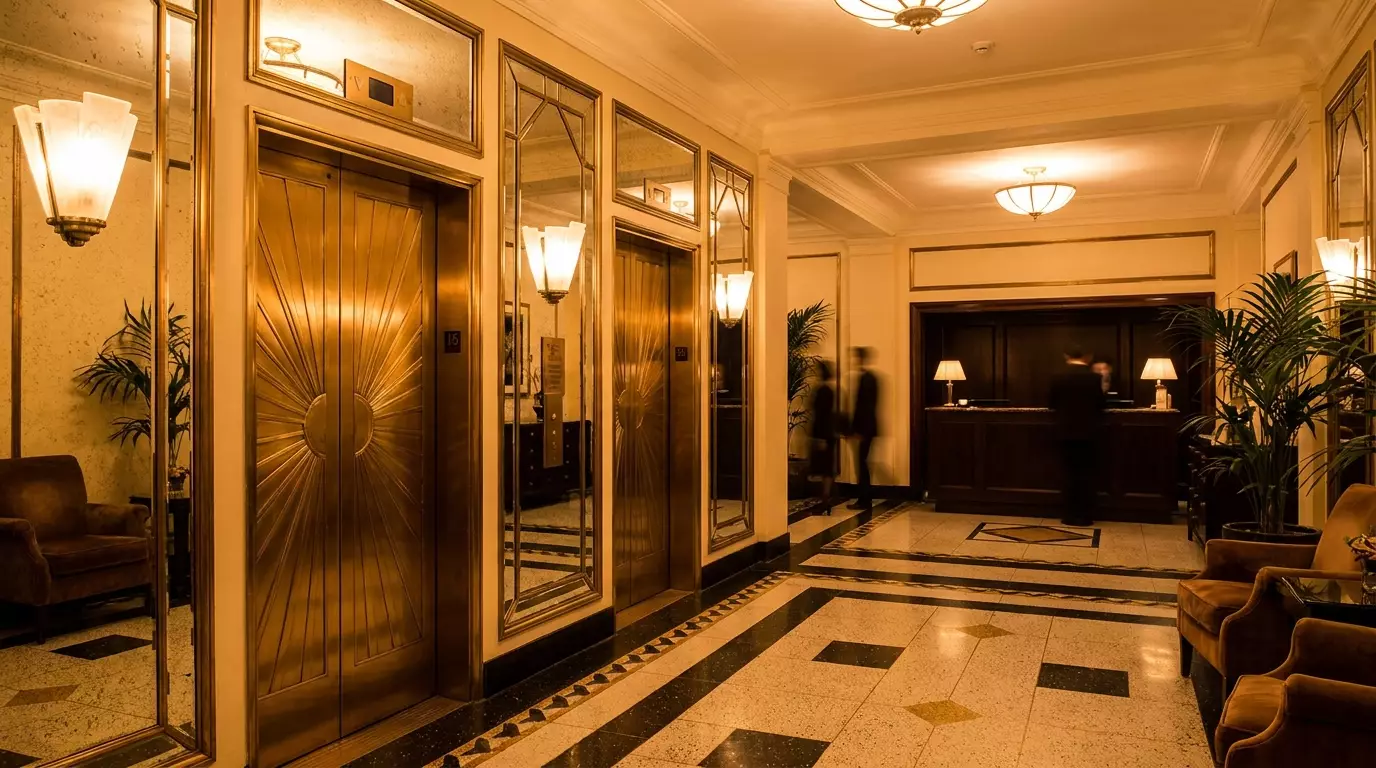 Гостиничный холл в стиле Art Deco с латунью, зеркалами, лифтами и геометрическим полом