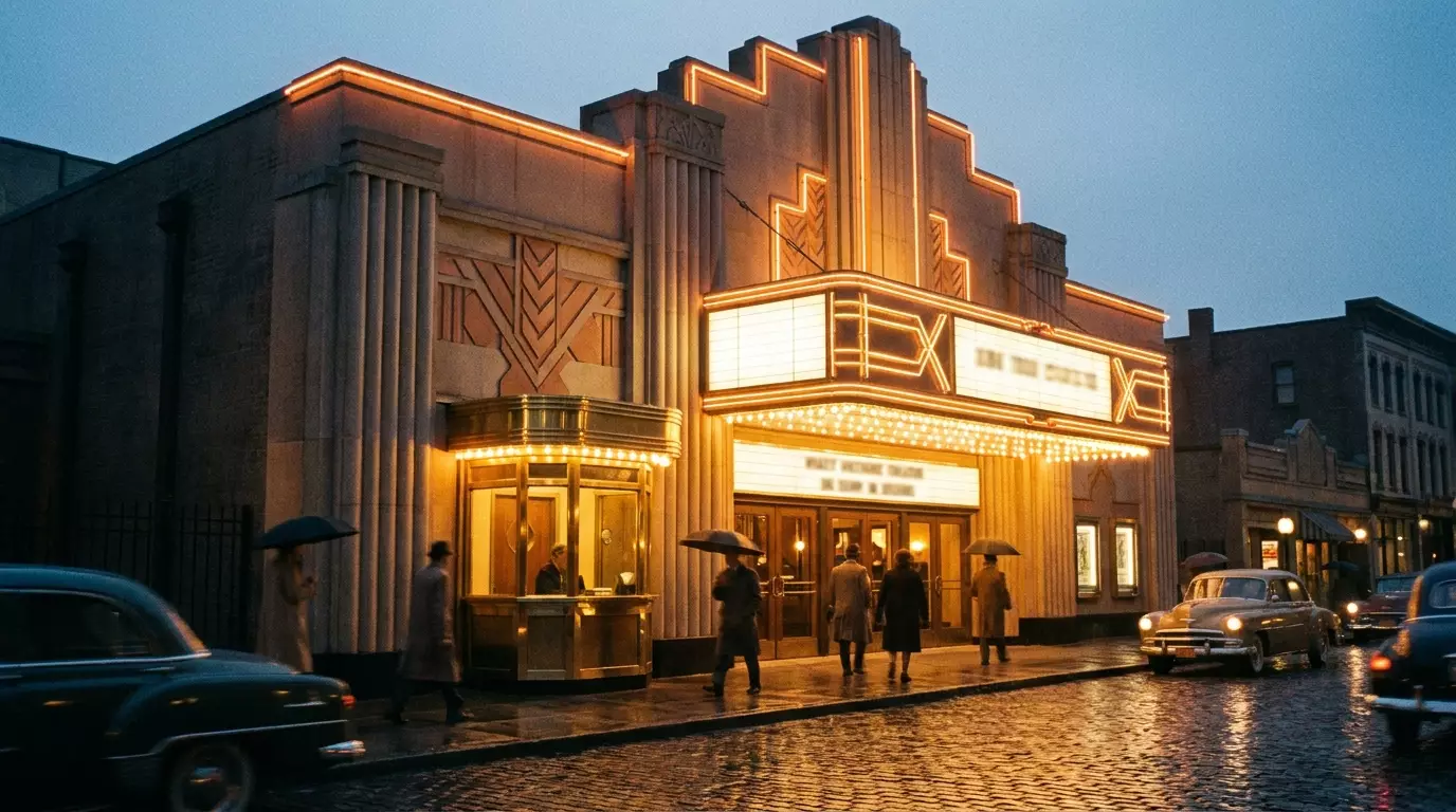 Фасад старого кинотеатра в стиле Art Deco со ступенчатой геометрией и вывеской