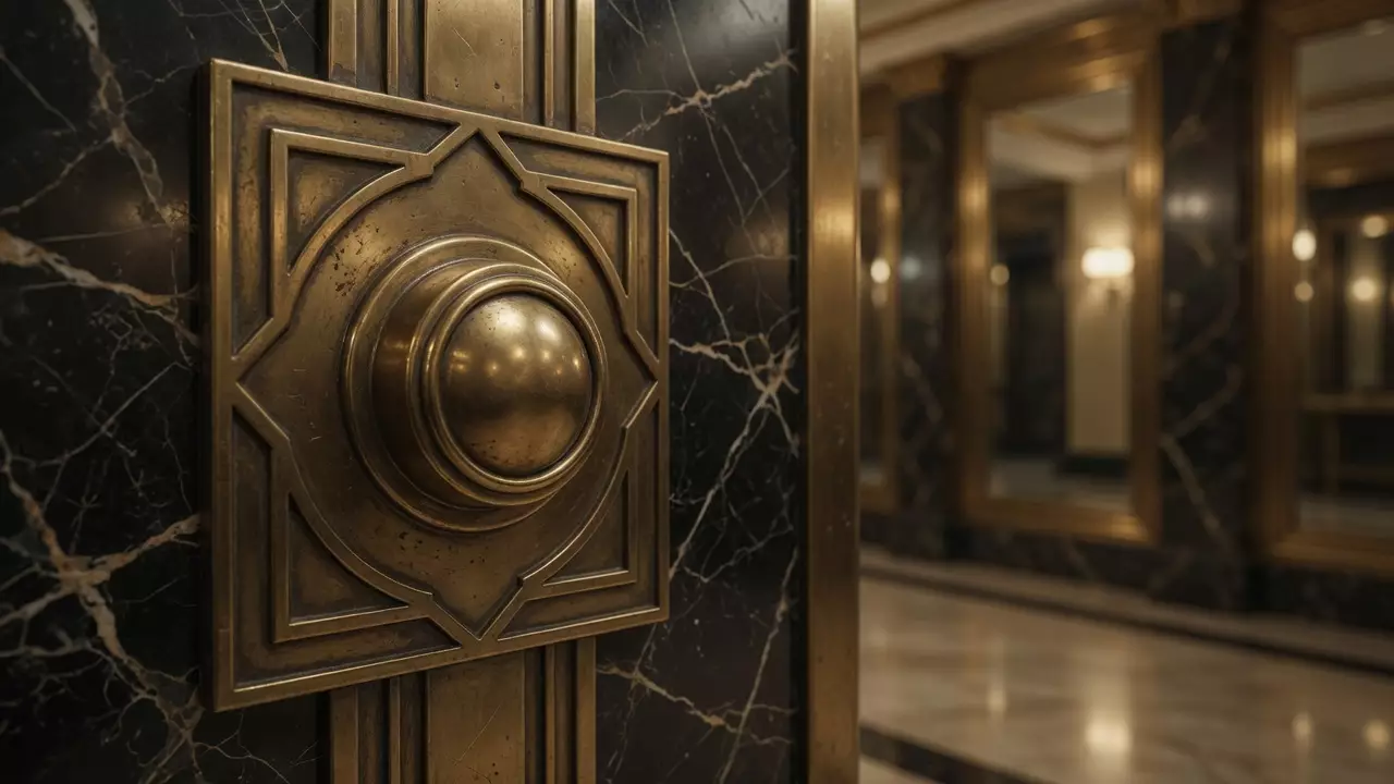 Латунная кнопка лифта в интерьере Art Deco с геометрическим орнаментом
