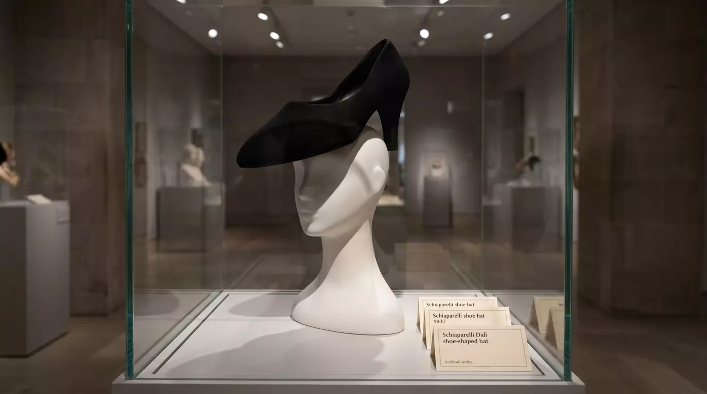 Шляпа в форме туфли Schiaparelli как музейный объект в витрине